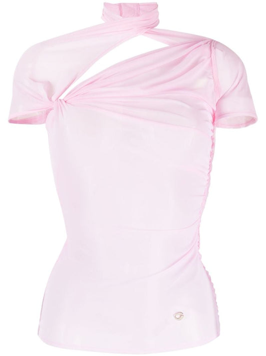 Pink Asymmetric Draped Mesh Top