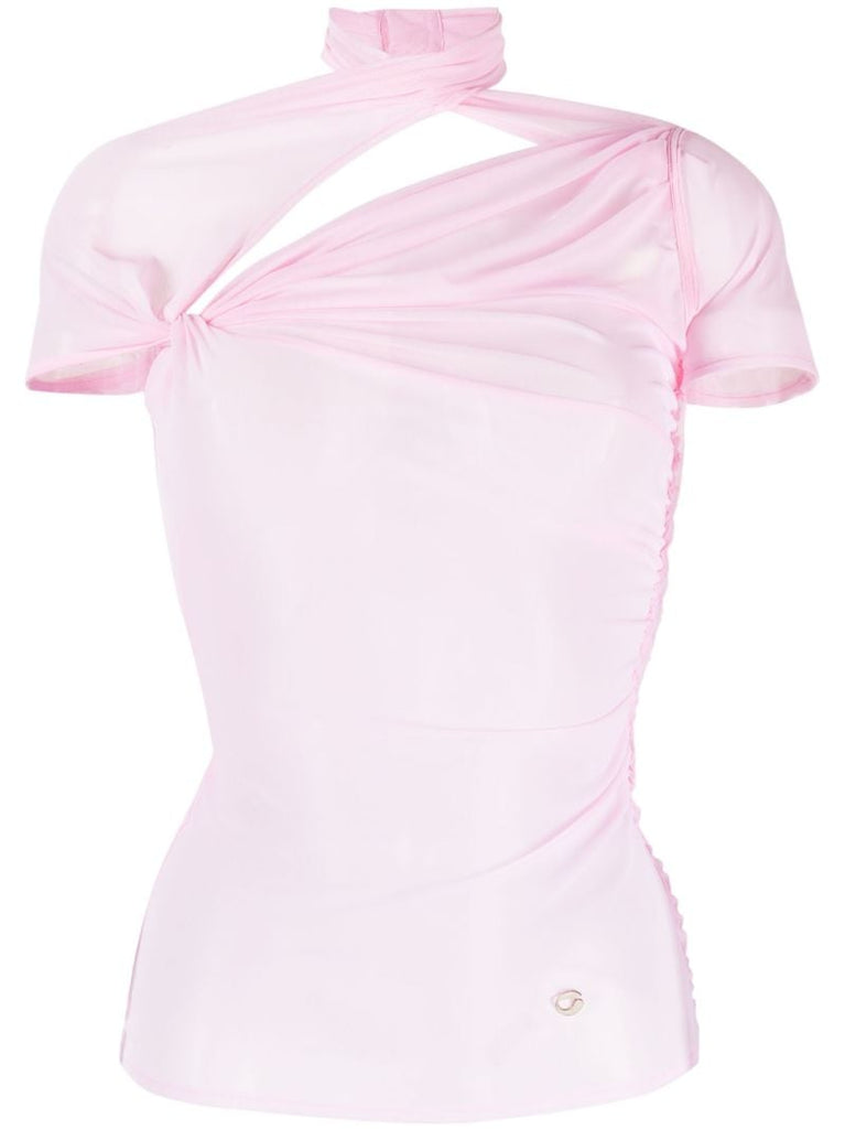 Pink Asymmetric Draped Mesh Top