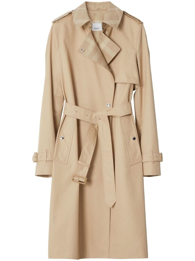 Neutral Check Panel Cotton Gabardine Trench Coat
