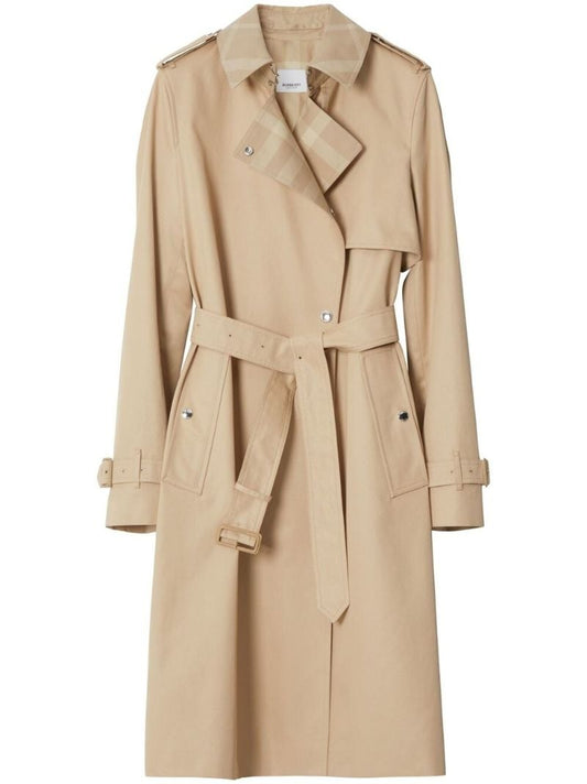 Neutral Check Panel Cotton Gabardine Trench Coat