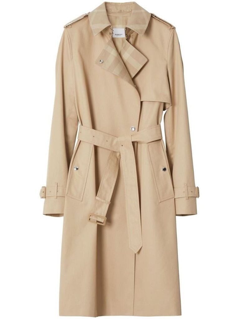 Neutral Check Panel Cotton Gabardine Trench Coat