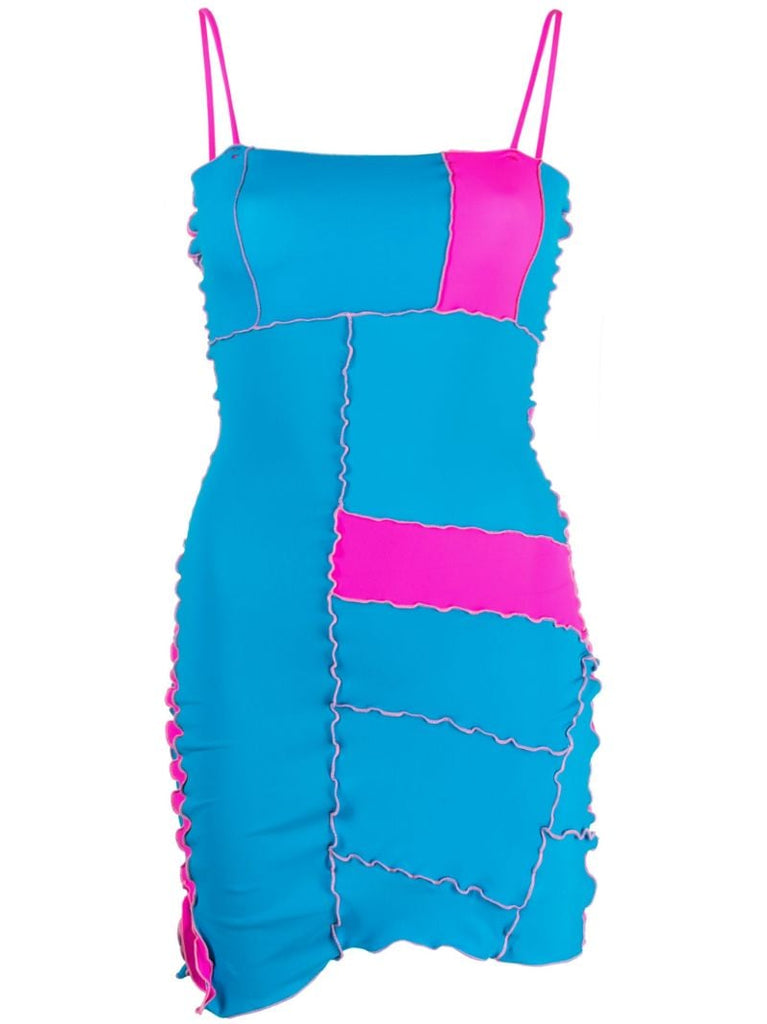Blue Colour-block Lettuce Trim Midi Dress