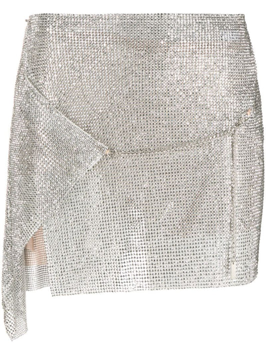 Silver-tone Winona Chain Mail Rhinestone Mini Skirt