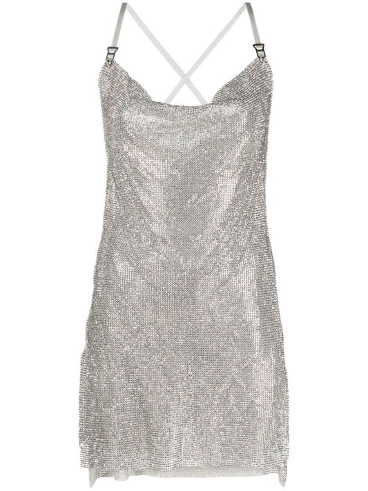 Silver-tone Adrianne Rhinestone Chain Mail Mini Dress