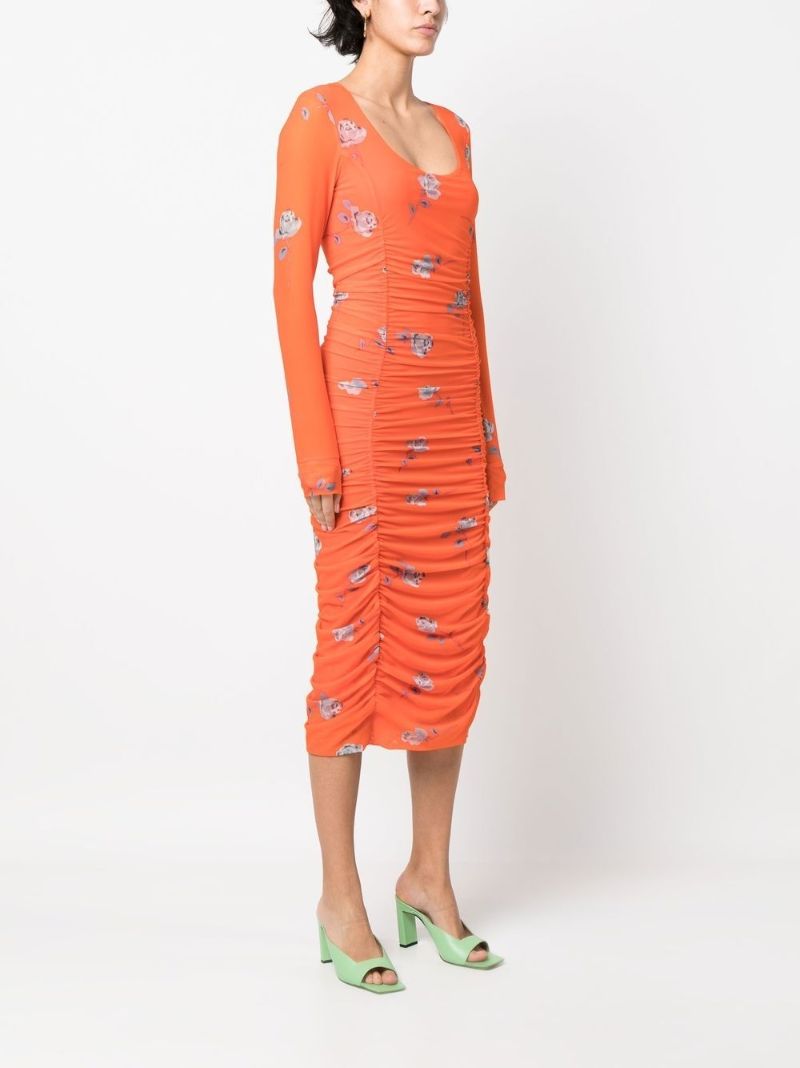 Orange Floral Print Ruched Midi Dress