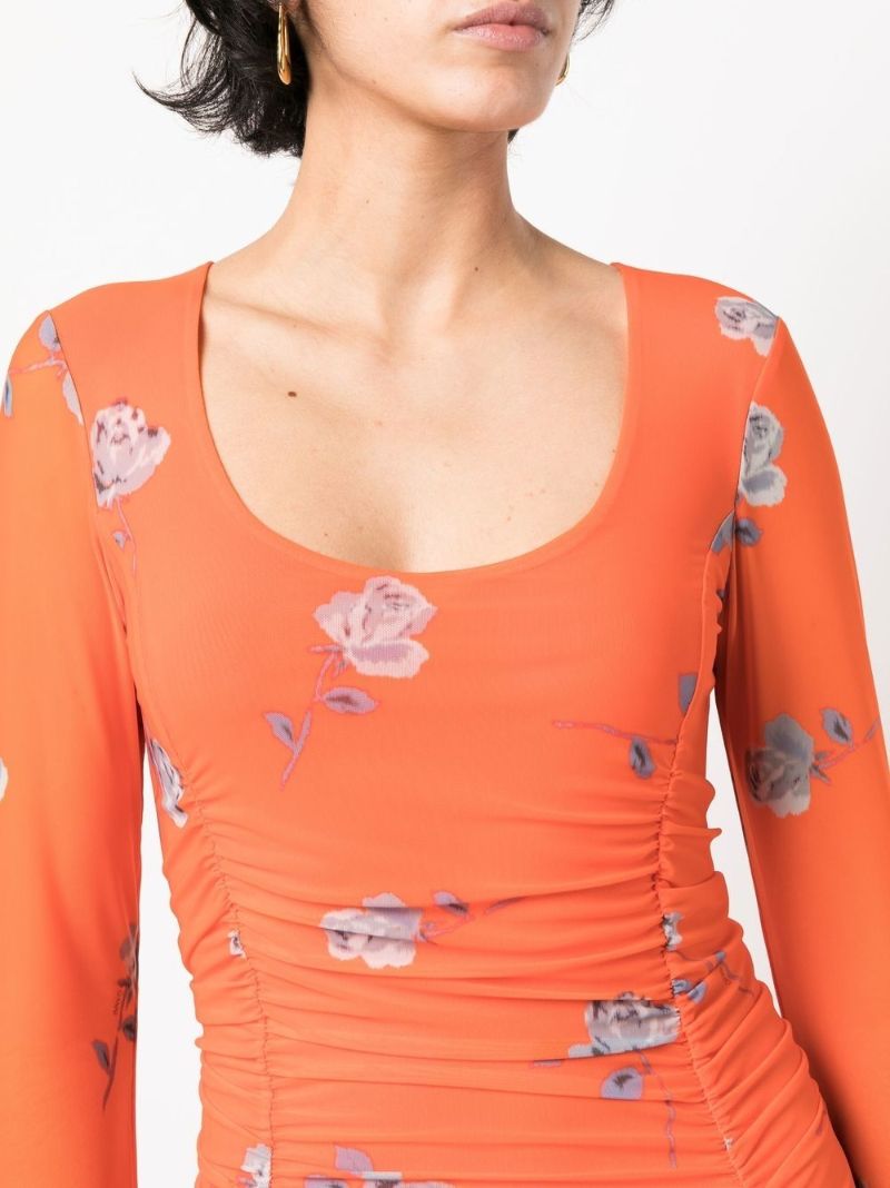 Orange Floral Print Ruched Midi Dress
