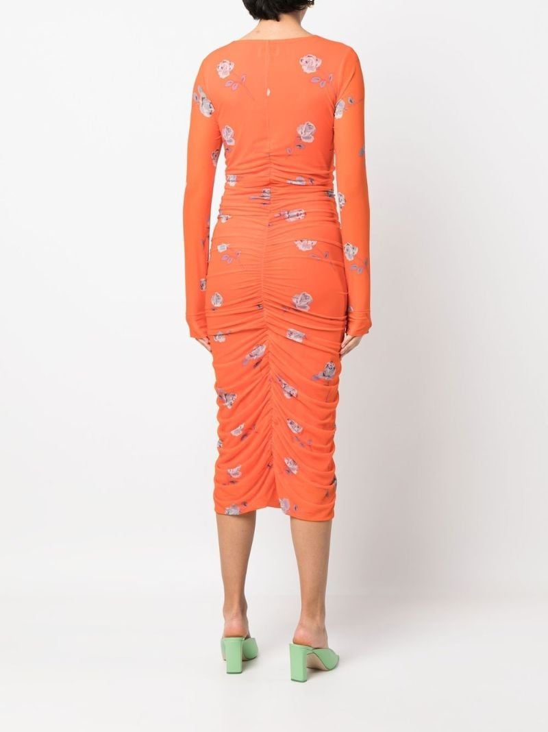 Orange Floral Print Ruched Midi Dress