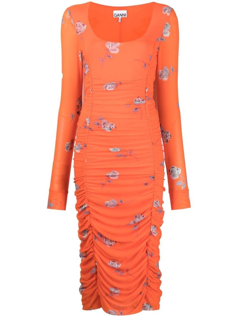 Orange Floral Print Ruched Midi Dress