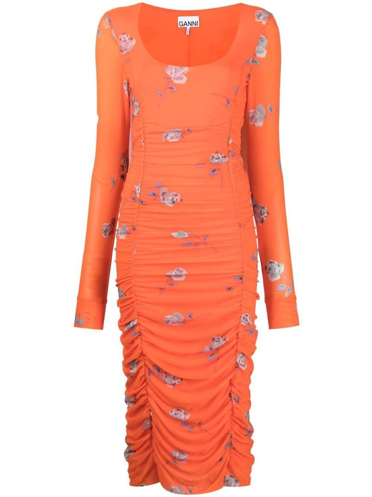 Orange Floral Print Ruched Midi Dress