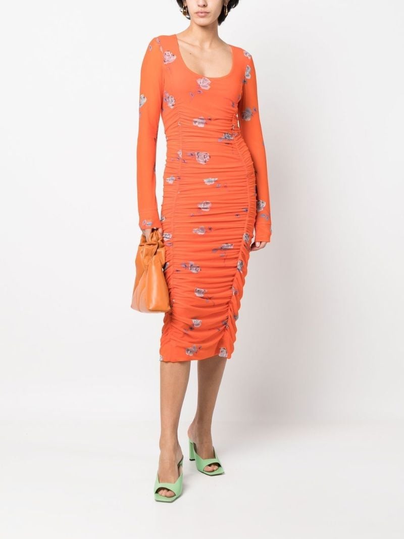 Orange Floral Print Ruched Midi Dress