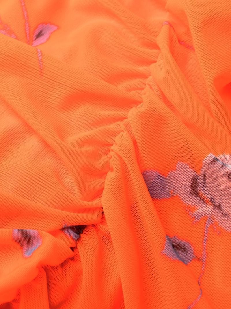 Orange Floral Print Ruched Midi Dress