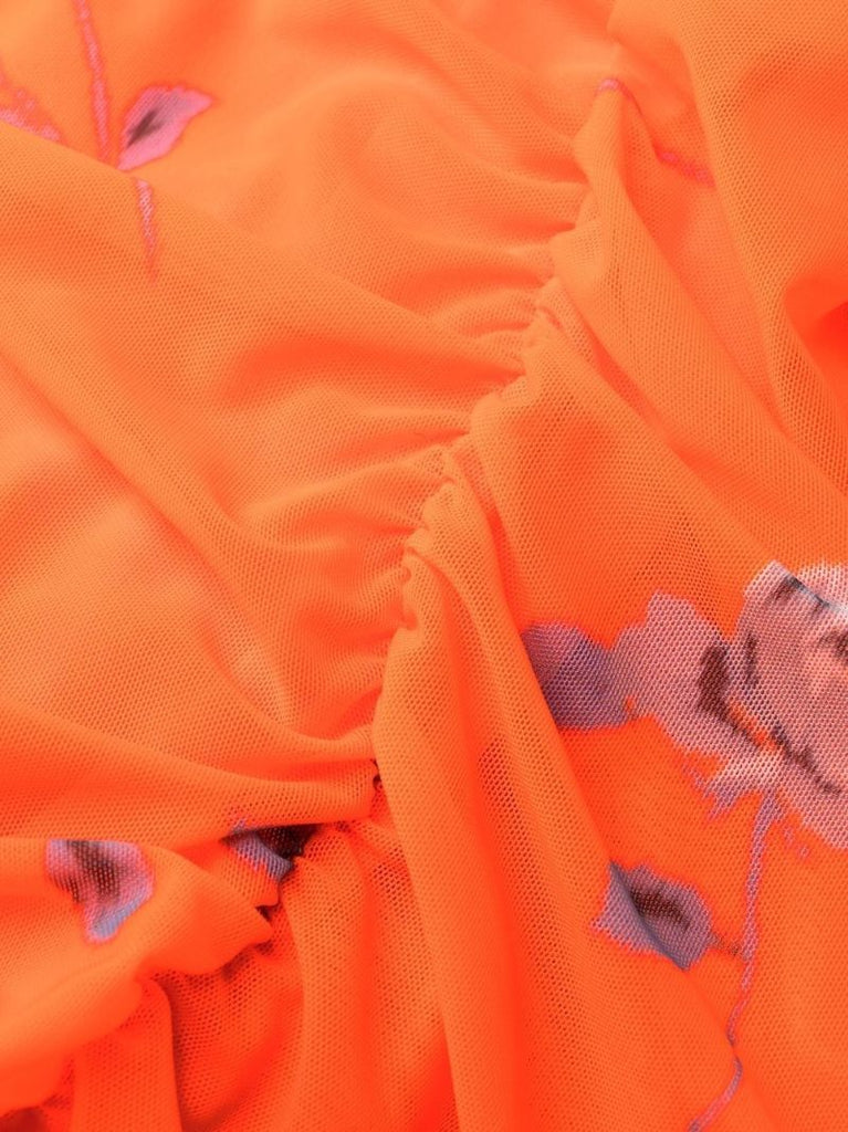 Orange Floral Print Ruched Midi Dress