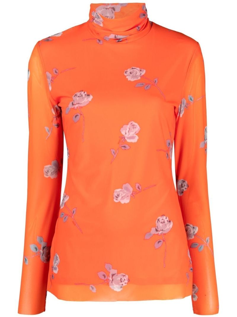 Orange Floral Print Roll-neck Top