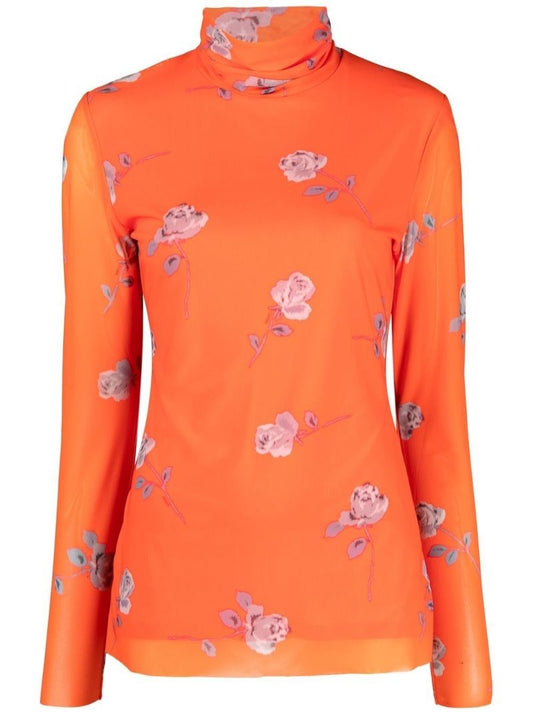 Orange Floral Print Roll-neck Top