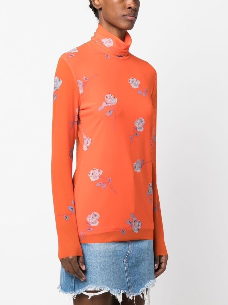 Orange Floral Print Roll-neck Top