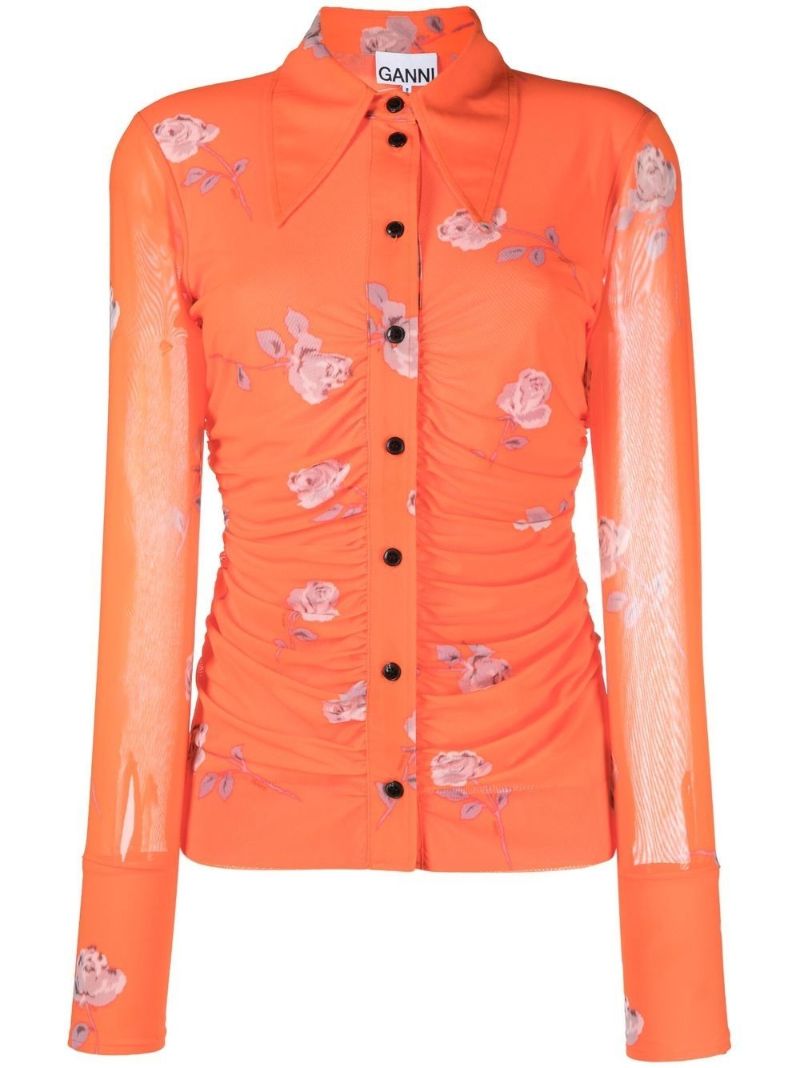 Orange Floral Print Ruched Shirt