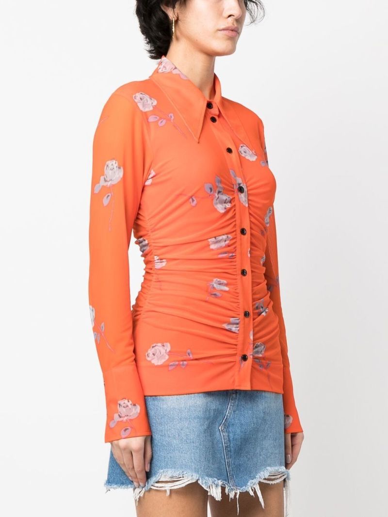 Orange Floral Print Ruched Shirt