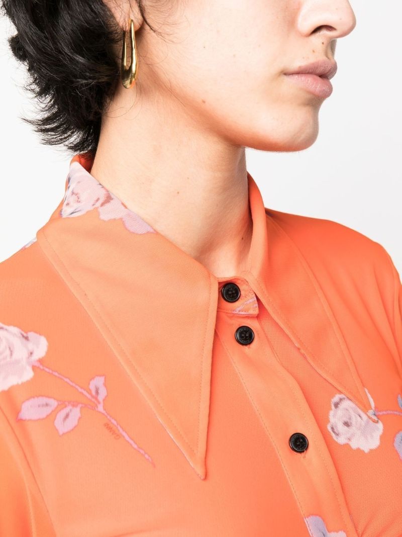 Orange Floral Print Ruched Shirt