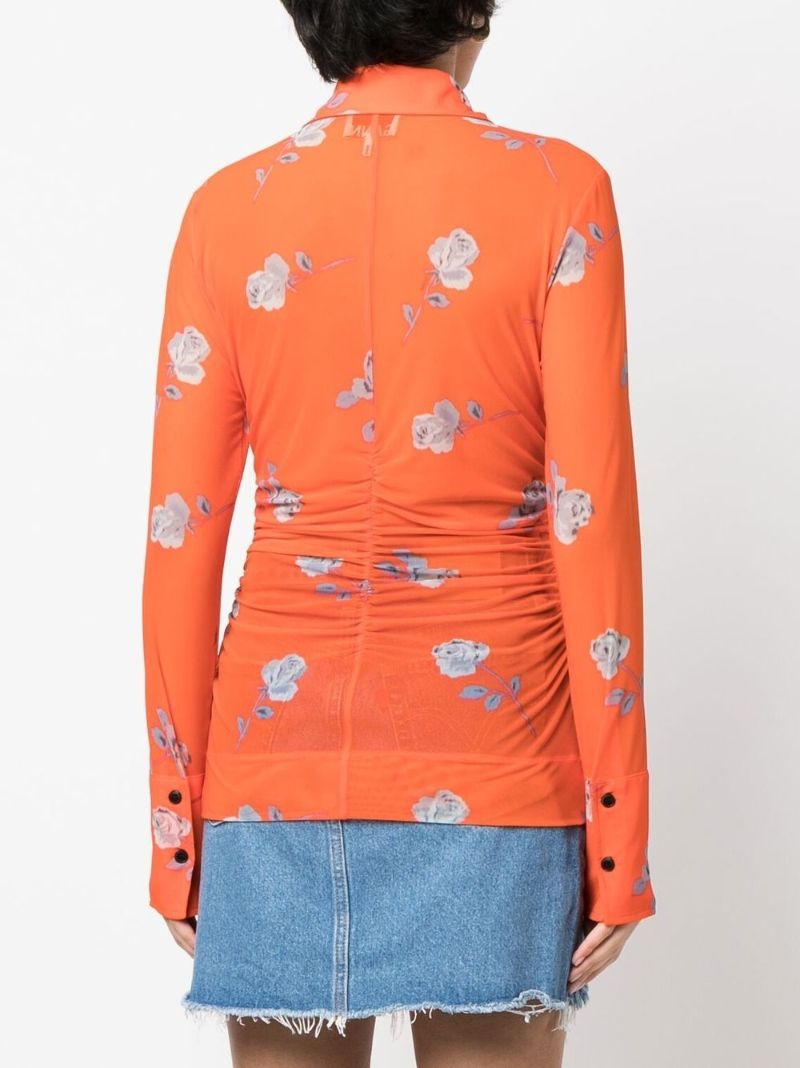 Orange Floral Print Ruched Shirt