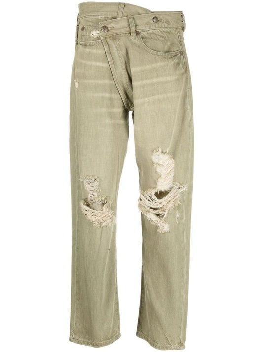 Green Distressed Asymmetric Jeans