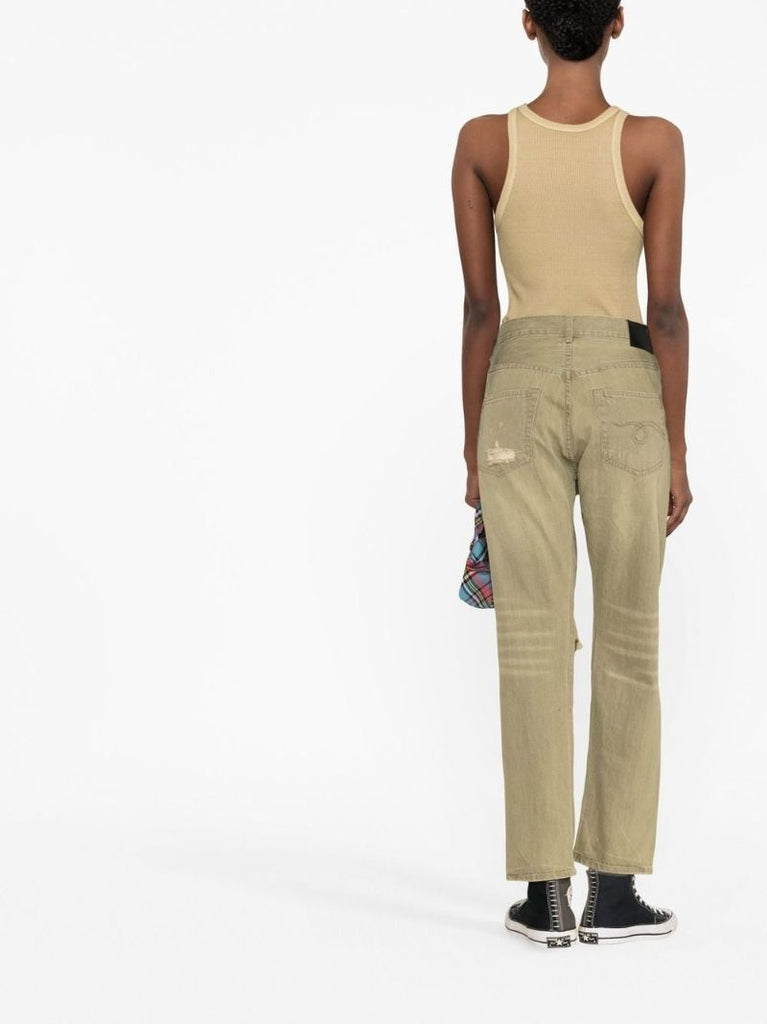 Green Distressed Asymmetric Jeans