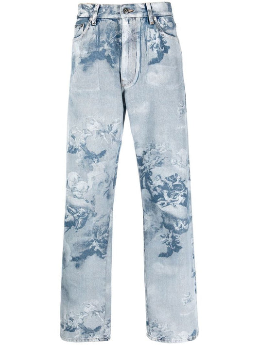 Blue Graphic Print Straight-leg Jeans