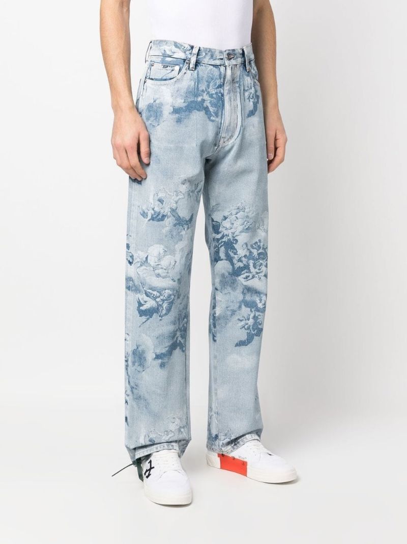 Blue Graphic Print Straight-leg Jeans
