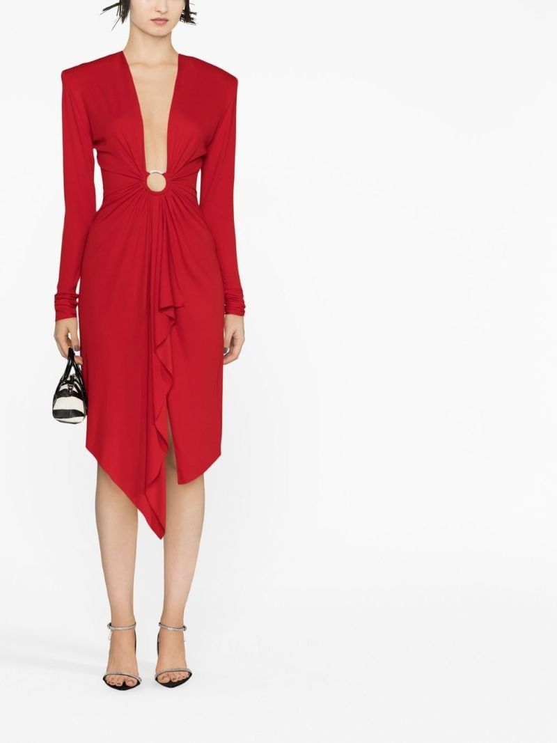Red Draped U-neck Dress