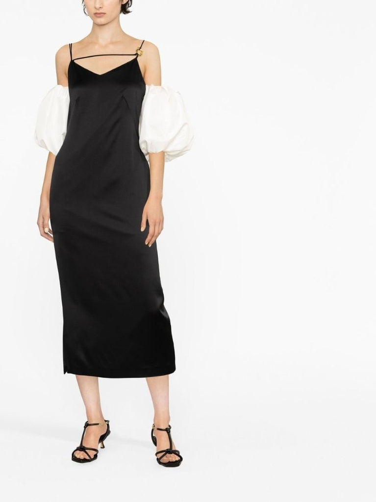 Black Stevie Puff-sleeve Midi Dress
