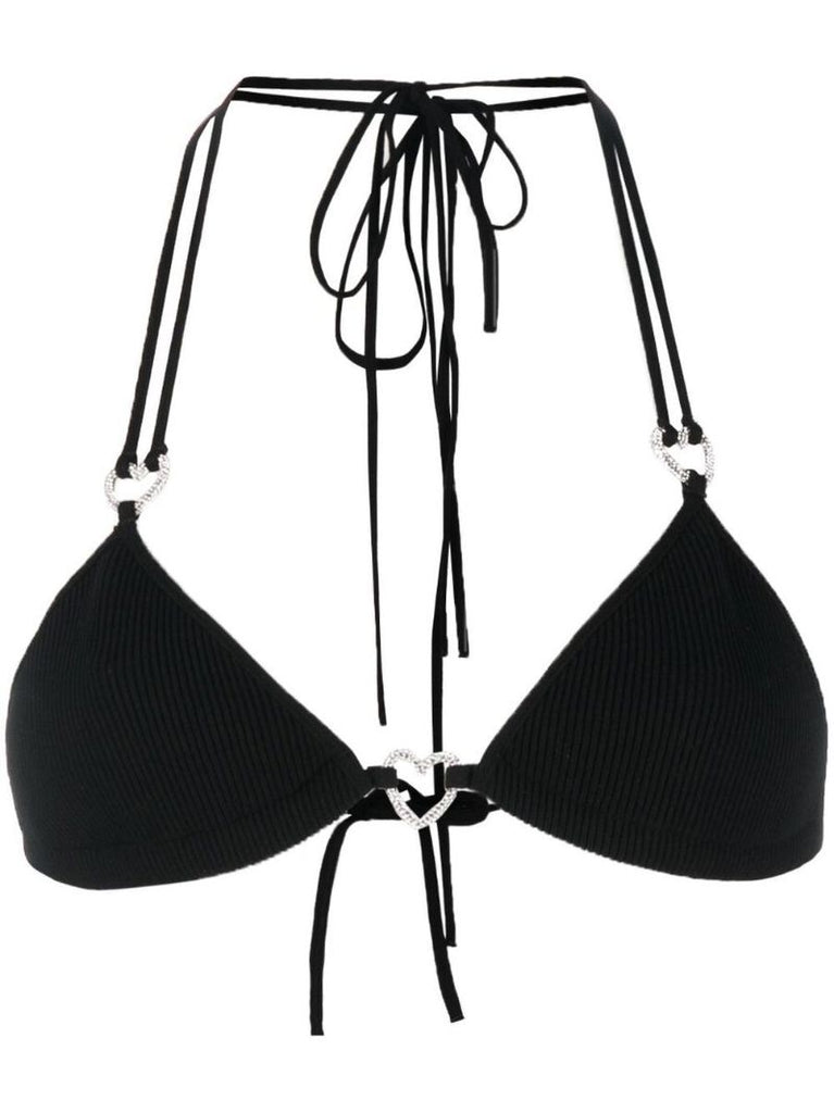 Black Heart Embellished Ribbed Bikini Top