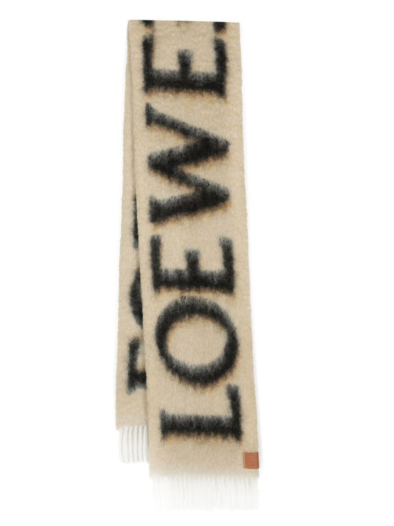 Beige Intarsia Logo Fringed Scarf