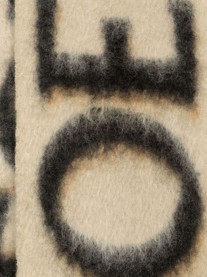 Beige Intarsia Logo Fringed Scarf
