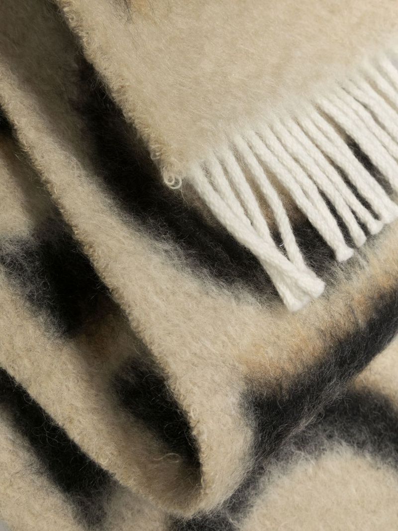 Beige Intarsia Logo Fringed Scarf