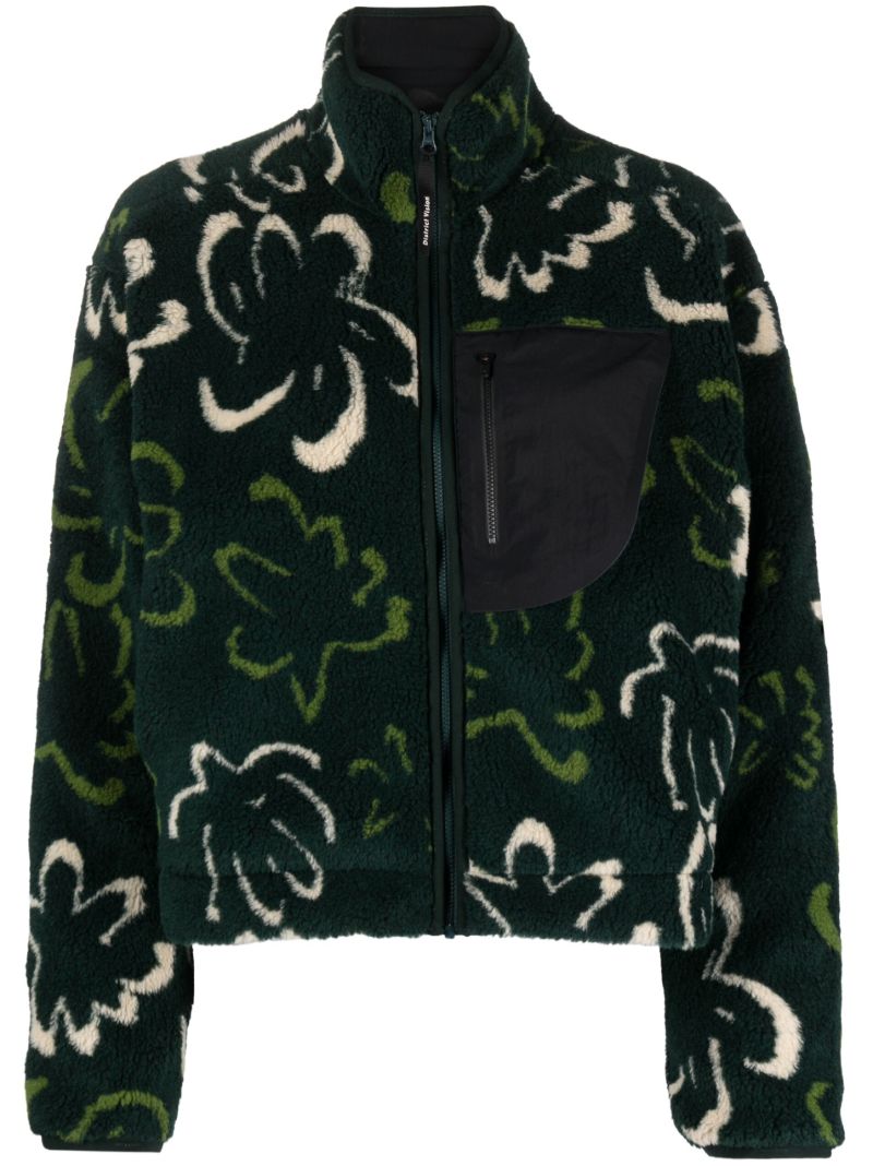 Green Printed Cropped Fleece Jacket