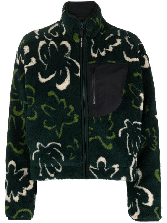 Green Printed Cropped Fleece Jacket