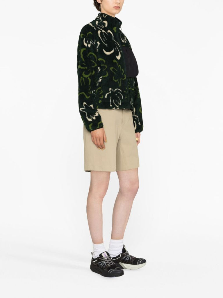 Green Printed Cropped Fleece Jacket