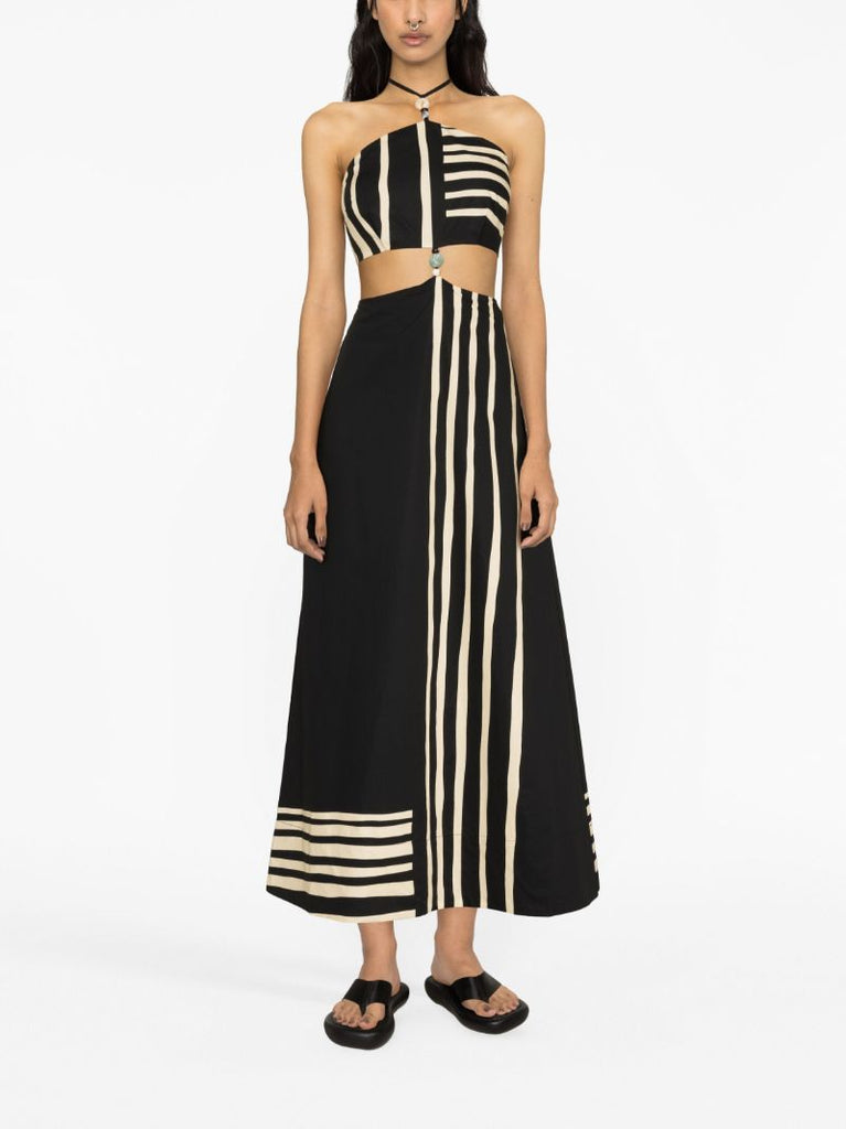 Black Linocut Beaded Halter Maxi Dress