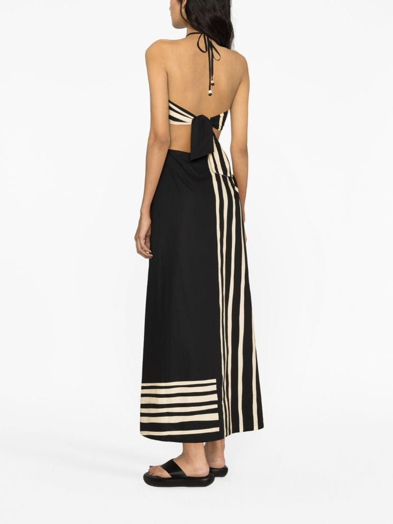 Black Linocut Beaded Halter Maxi Dress