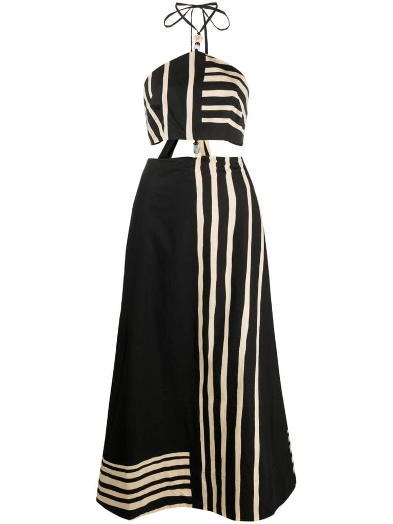 Black Linocut Beaded Halter Maxi Dress