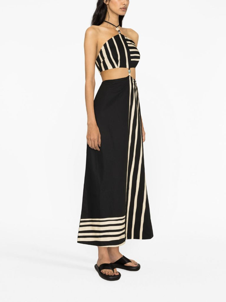 Black Linocut Beaded Halter Maxi Dress