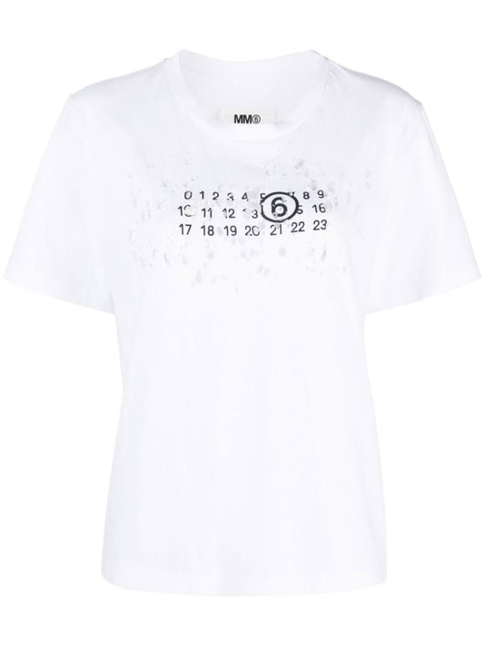 White Numbers Print Distressed T-shirt