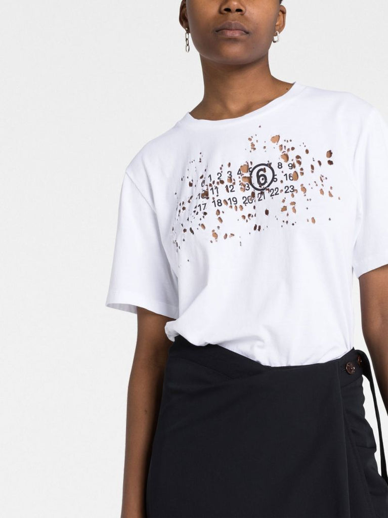 White Numbers Print Distressed T-shirt