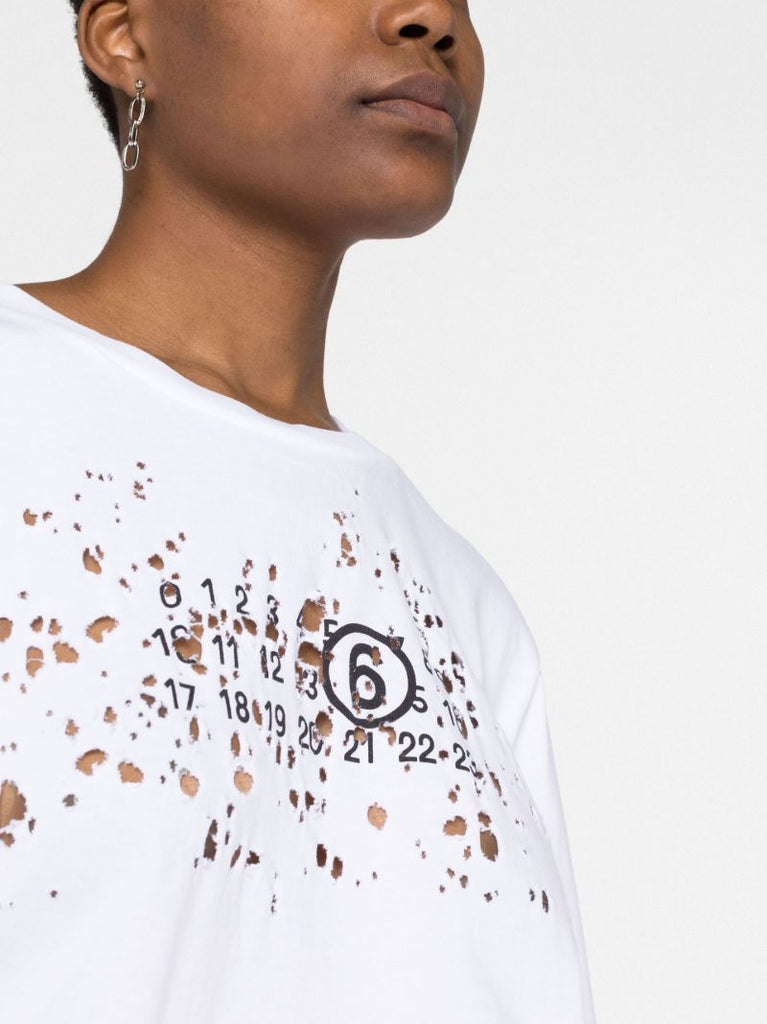 White Numbers Print Distressed T-shirt