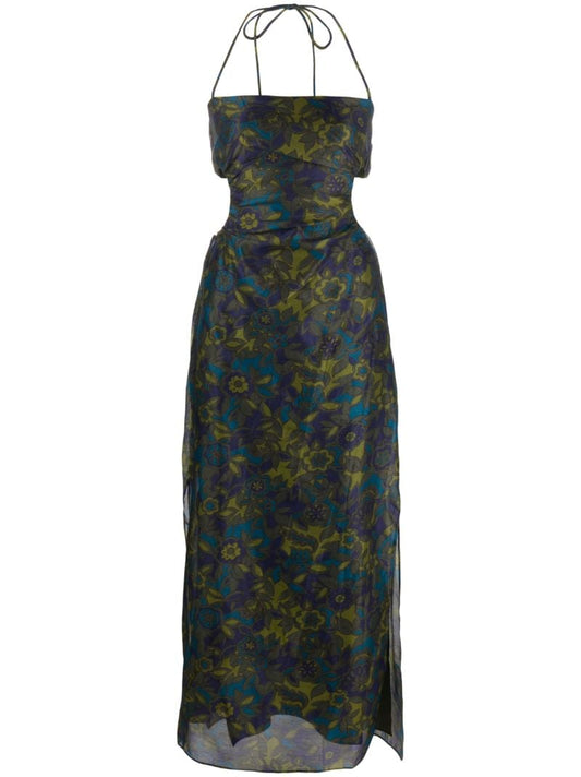 Green Valerio Floral-print Halterneck Dress