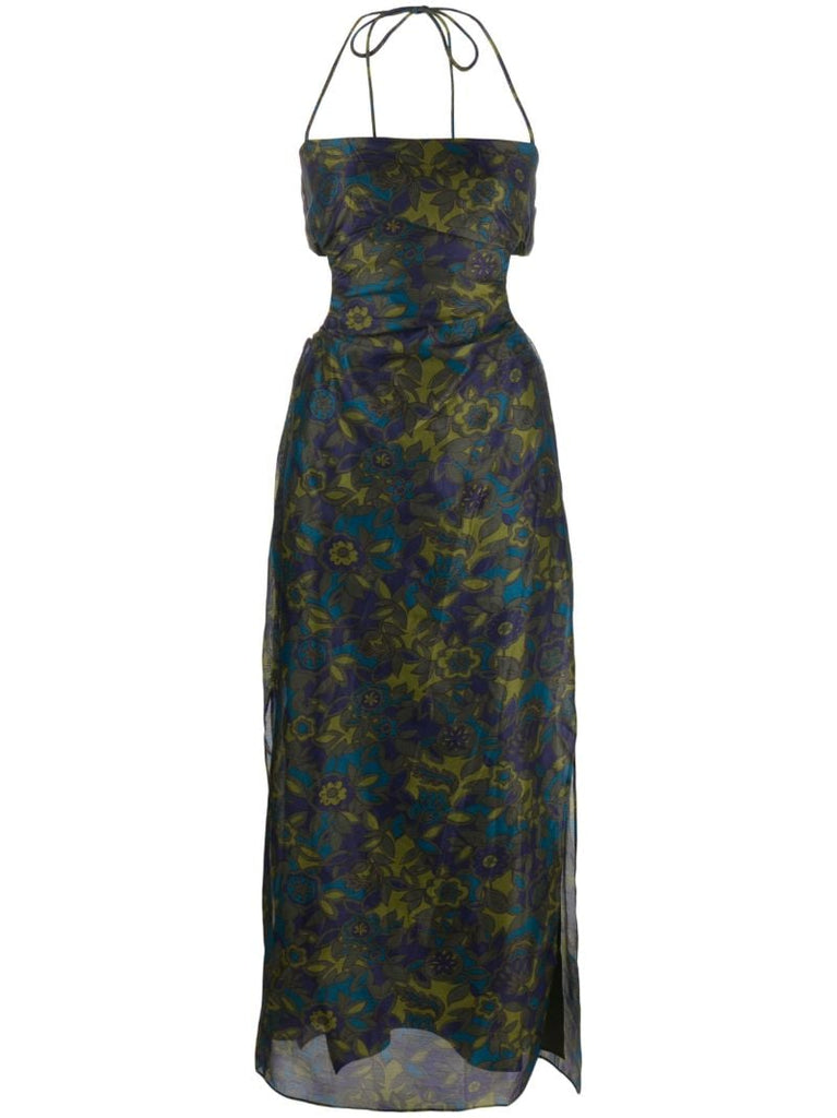 Green Valerio Floral-print Halterneck Dress