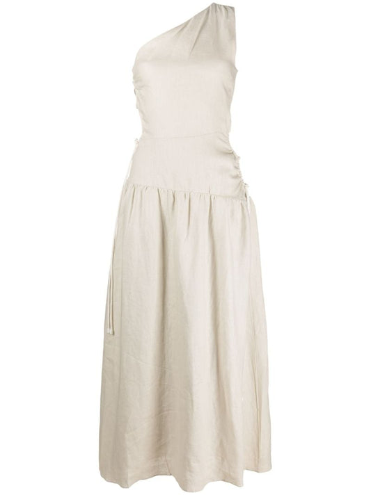 Neutral Dorsay One-shoulder Linen Dress