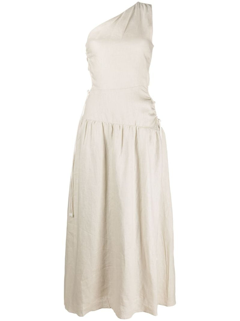 Neutral Dorsay One-shoulder Linen Dress