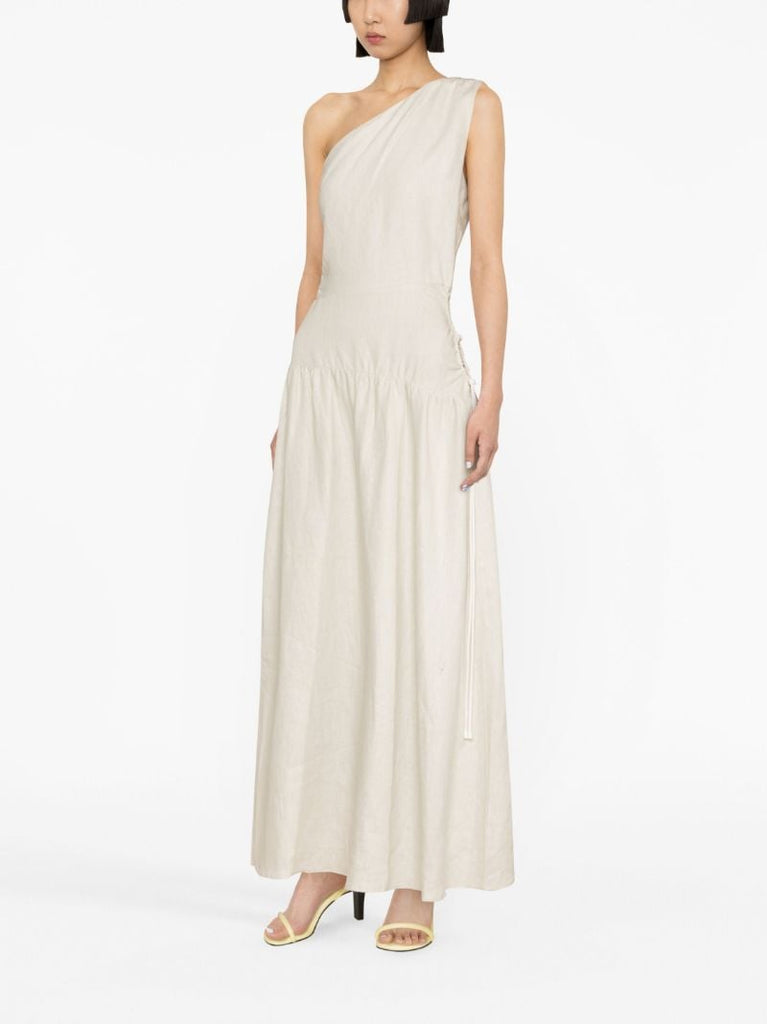 Neutral Dorsay One-shoulder Linen Dress