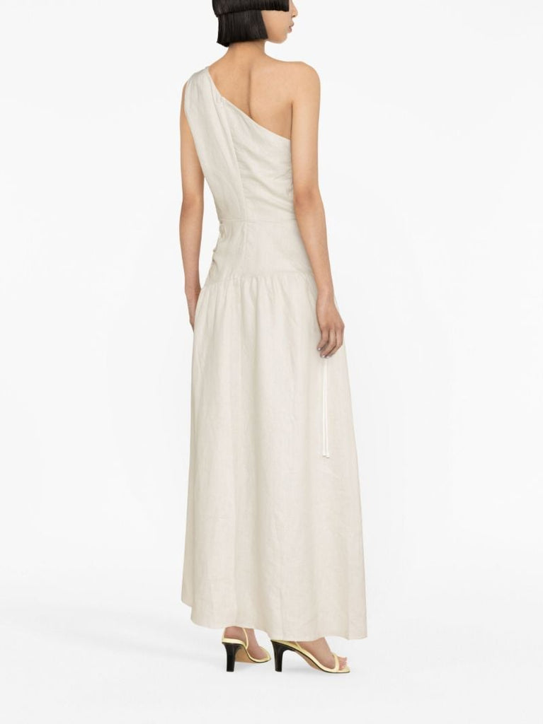 Neutral Dorsay One-shoulder Linen Dress