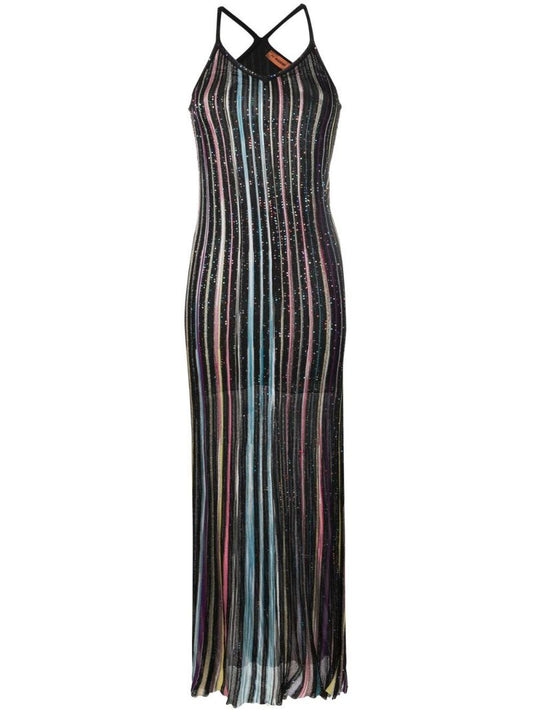 Black Striped Sequinned Maxi Dress